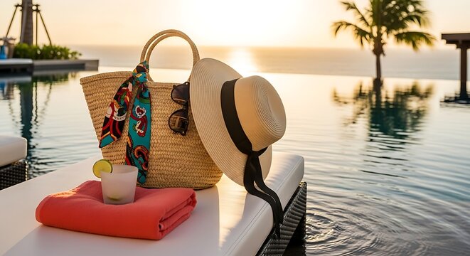 Elegant beach bag with stylish summer accessories on lounge chair near infinity pool, warm sunset light, luxury resort vacation concept