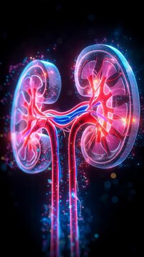 Detailed 3D illustration of human kidneys highlighting internal structure and blood vessels.