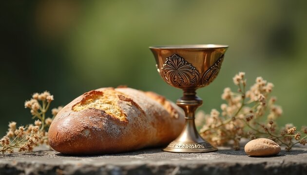Sacred communion elements bread and chalice on stone table with dried flowers. Religious symbol for worship and ritual, representing faith and spiritual nourishment.