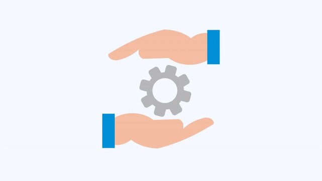Two arms and hands cradle a gray gear mechanism icon. Technology, teamwork, innovation concepts. Suitable for presentations, industrial designs, and engineering related projects.