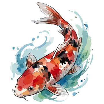 水彩画風の錦鯉が泳ぐ躍動感ある和風イラスト