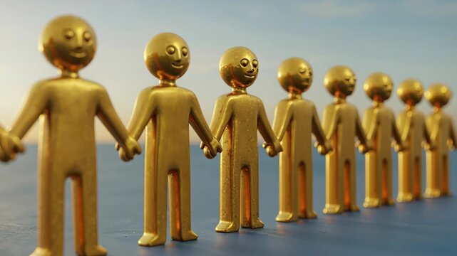 United Figures: A group of golden figures stand united, linked in a chain, symbolizing cooperation, connection, and the strength found in unity. Captured against a serene backdrop of sea and sky.