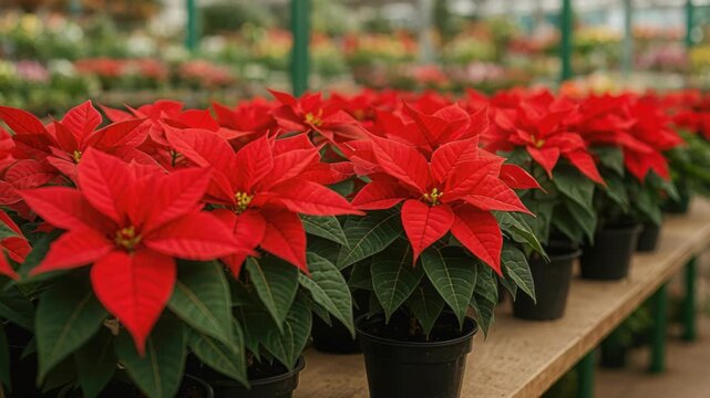Crimson Poinsettias: Vibrant red poinsettia blossoms in a lush greenhouse, evoking the festive spirit of the holiday season, with a blend of natural beauty and vibrant colors.