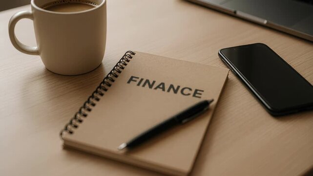 Financial Workspace Essentials: A tranquil workspace setting features a notepad boldly displaying FINANCE beside a steaming mug of coffee, a pen, and a smartphone.