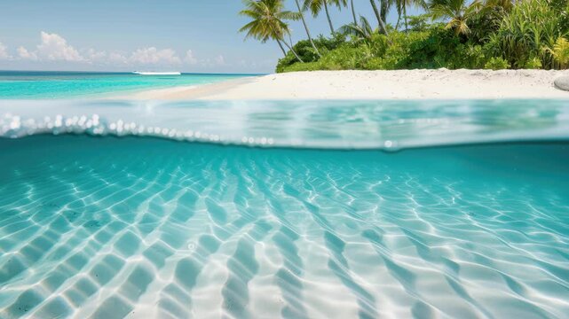 Tropical Paradise: Witness the mesmerizing turquoise water, a symphony of light dancing beneath the surface, embracing a pristine sandy beach and a lush island fringed with swaying palm tree.