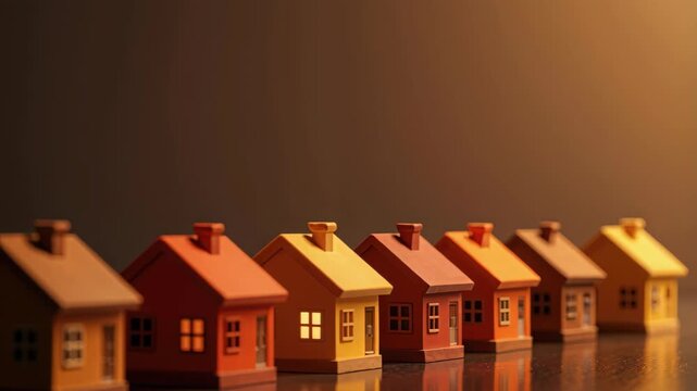Housing Harmony: A collection of miniature houses, each reflecting a unique hue, stands in perfect alignment. The image captures the essence of community and home ownership. 
