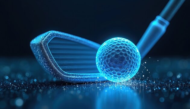 Futuristic golf club and ball rendered as blue wireframes. Dark blue background with glowing particles. Precision sport technology in abstract digital style. Virtual game.