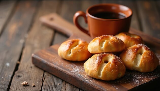 Golden brown conchas pastries stacked on wood board beside dark coffee cup. Sweet mexican buns dusted with sugar for a delicious breakfast or snack.