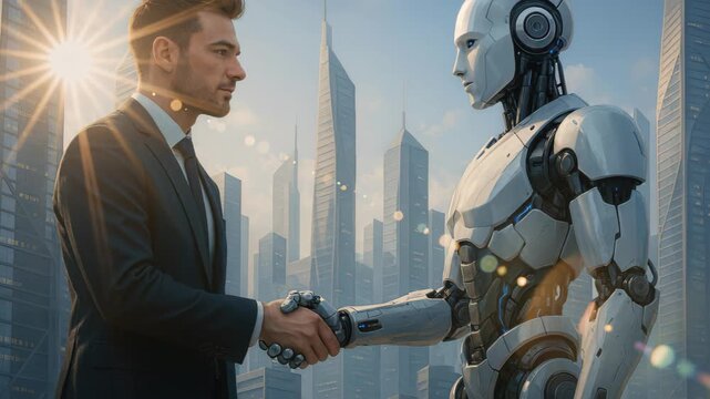Human & AI Collaboration: A modern business professional extends a handshake to a futuristic humanoid robot against a backdrop of towering skyscrapers.