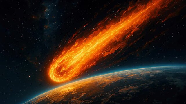 Cosmic Spectacle: A vibrant comet streaks across the canvas of space, its fiery tail a blazing beacon against the vast cosmic backdrop.