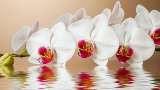 Orchid Elegance: A close-up view captures the pristine beauty of delicate white orchid blooms, their petals softly reflecting in the water, revealing the flower's intricate details and serene beauty.