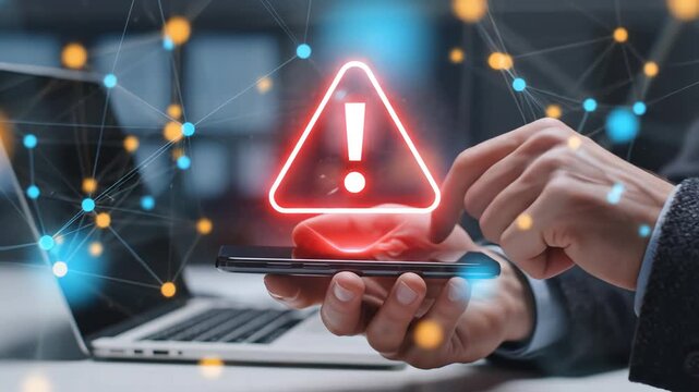 Person holding smartphone with warning icon