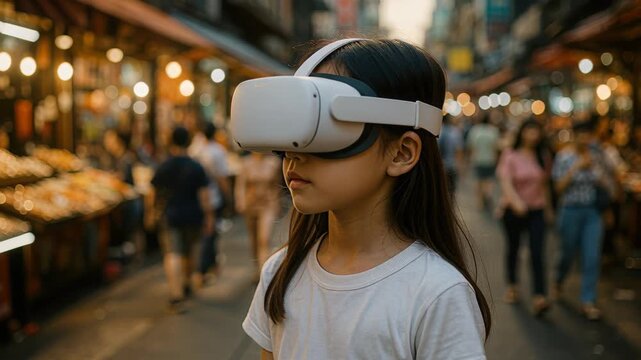 Immersive Reality in Urban Scene: A child wearing a virtual reality headset, experiencing the immersive world while being in a bustling urban street.