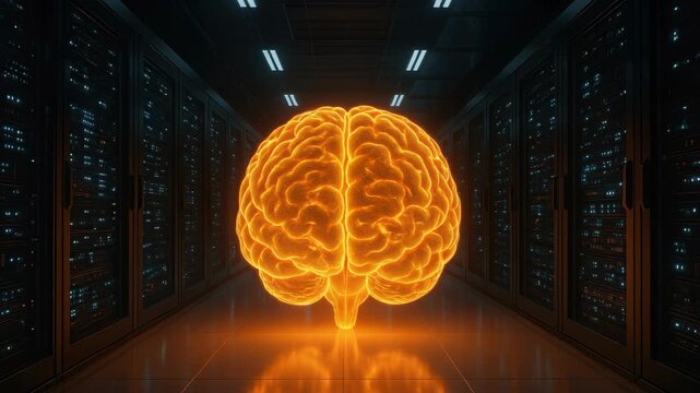 Digital Brain: An artistic digital rendition showcases a glowing brain at the forefront, poised within a server room, highlighting the pivotal role of technology in modern intellectual prowess.