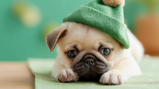 Playful Pug: A charming pug puppy donning a vibrant green hat, exuding pure innocence and irresistible cuteness.