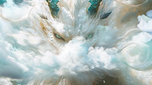 雲間から現れる白い日本の龍 神秘的で力強い神話のドラゴン ファンタジーアート/White Japanese dragon emerging from clouds, powerful mythical creature, fantasy art Generative AI