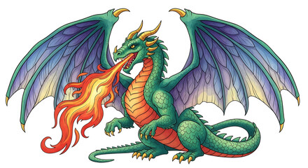 Fototapeta premium A vibrant green dragon with purple wings and fiery breath, depicted in a colorful vector illustration.