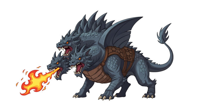 A mythical three-headed dragon breathing fire in a dynamic pose, set against a clean white background.