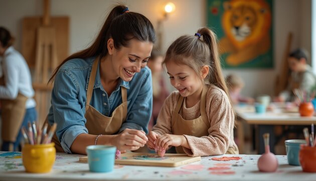 Mother and daughter smile while doing clay art craft together in a studio workshop. Young girl learns pottery making with mom at creative class. Kids enjoy hobby time making art.