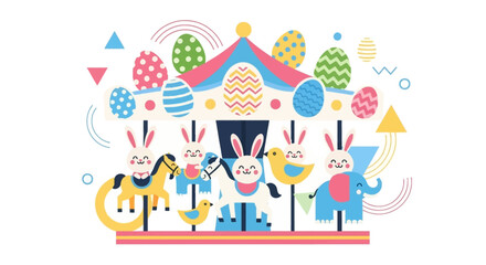Fototapeta premium Colorful Easter-themed illustration of bunnies and eggs on a pastel background with a joyful and festive mood