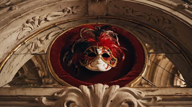 Ornate palace arch showcasing red black and white masquerade masks with feathers and gilded details, framed by sculpted decoration, warm candlelight and grand Venetian theatrical elegance