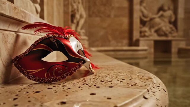 Classical spa interior with red black and white masquerade masks resting on travertine stone, accented by red feathers, statues and golden reflections, creating a serene yet opulent Venetian mood
