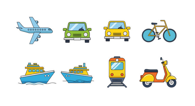 Icon set of various transportation vehicles on white background
