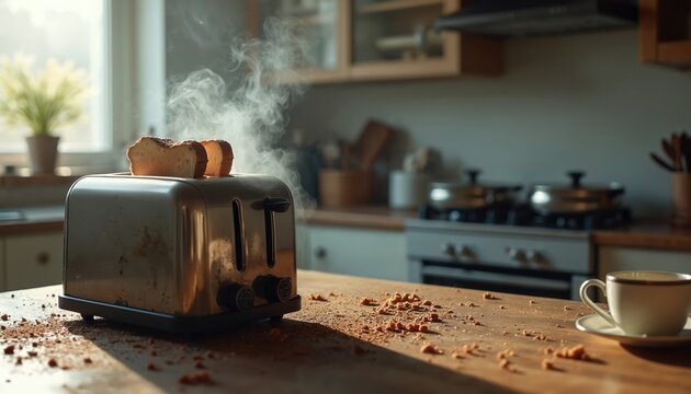 Toaster burns toast in messy kitchen with smoke rising. Crumbs scatter on wooden counter near coffee cup. Morning meal preparation chaotic with appliance issue.