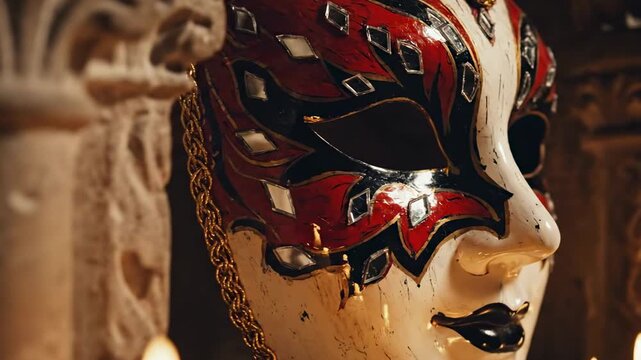 Cinematic close-up of red black and white masquerade masks with jeweled inlays and candle flames, partly hidden by stone columns, evoking a secret Venetian chamber rich with intrigue and luxury