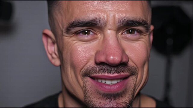 Intense portrait of a serious man with short hair and stubble looking directly at the camera in a studio setting conveying strength determination and vulnerability