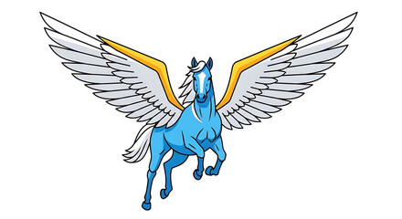 Obraz premium A vibrant blue pegasus with white and yellow wings spread wide in a dynamic pose