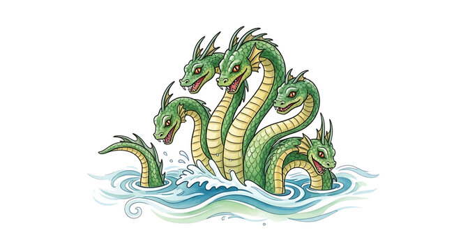 A mythical green sea monster with multiple heads rises out of the ocean waves in a colorful vector illustration.