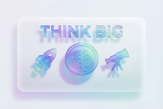 Abstract design featuring the phrase Think Big with rocket globe and telescope graphics symbolizing innovation creativity and limitless exploration in a modern digital landscape