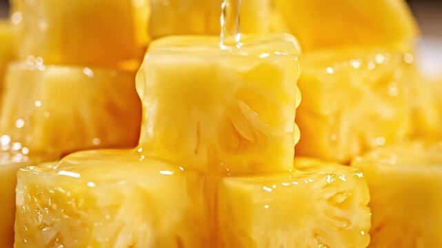 Sweet Pineapple Cubes Drizzled with Syrup - Tropical Fruit Dessert.