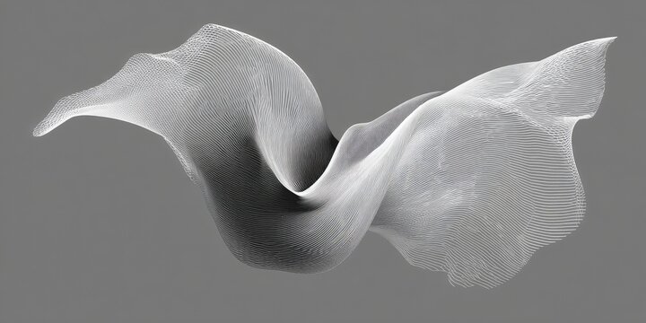 A flowing, abstract form created with delicate, white lines against a grayscale background