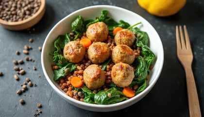 Fototapeta premium Turkey meatballs sit on bed of lentils and spinach. Fresh carrots add color and crunch. This balanced plate offers healthy protein and nutrients for a satisfying meal.