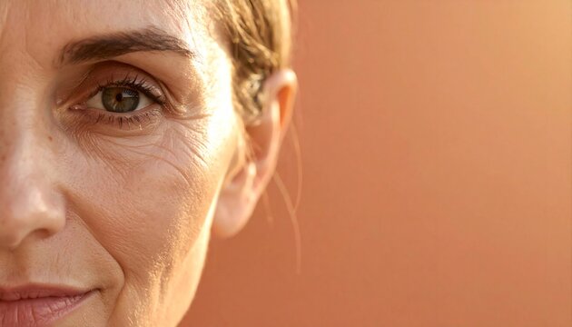 Extreme macro of a natural woman in her 50s with crow's feet, wrinkles, and fine lines and copy space