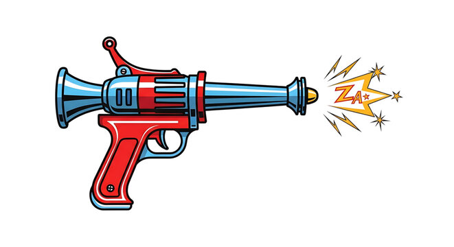 A cartoon-style illustration of a red and blue toy gun firing a yellow starburst with lightning bolts and the word 'Zap' in a comic book style.