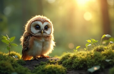 Fototapeta premium Tiny fluffy owl with big eyes sits on mossy ground in forest. Warm sunlight shines through trees creating soft bokeh effect. Cute baby bird looks curious.