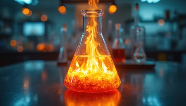 Glass flask with burning liquid sits on a lab table. Intense orange flames erupt inside the beaker. Scientific research equipment is blurred in background. Danger and energy are implied.