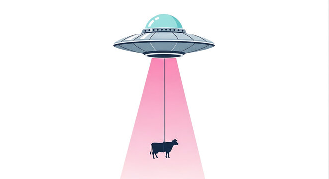 A vector graphic illustration of a UFO abducting a cow with a pink beam of light