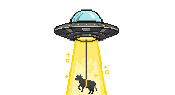 A pixel art illustration of a UFO abducting a cow with a beam of light