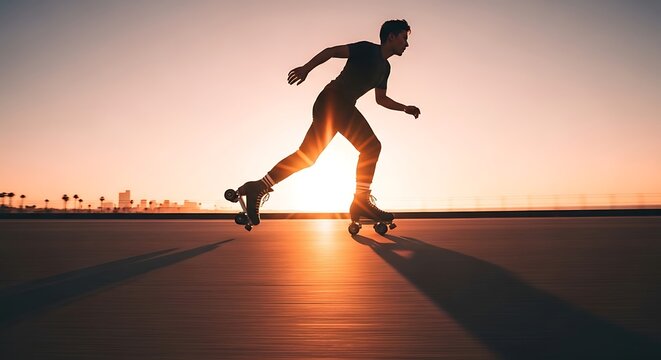 Energetic silhouette of a rollerblader gracefully gliding at sunset, capturing the exhilarating spirit of outdoor activity and the vibrant glow of twilight freedom