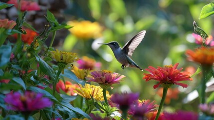 Fototapeta premium Hummingbird hovering over zinnia flowers sunlit garden beds