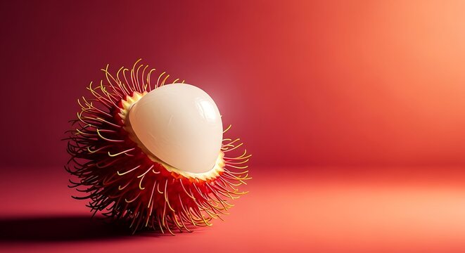Exotic peeled rambutan fruit with litchi-like pulp on red background