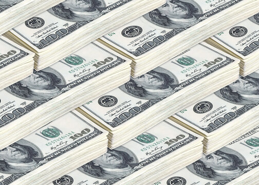 Bundles of $100 bills stacked on top of each other. A lot of money arranged in a pyramid.