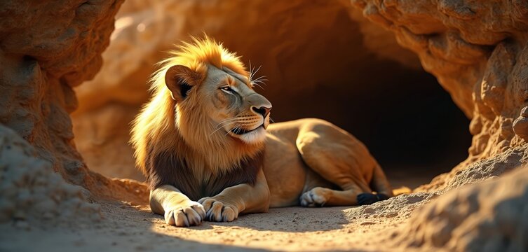 Male lion reclines in rocky den with warm afternoon sun. Majestic cat rests peacefully, showing golden mane and calm expression. Animal in natural habitat seeks shade.