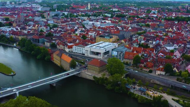 Panorama aerial view of the old town city Schweinfurt in Germany  on a cloudy day in spring.