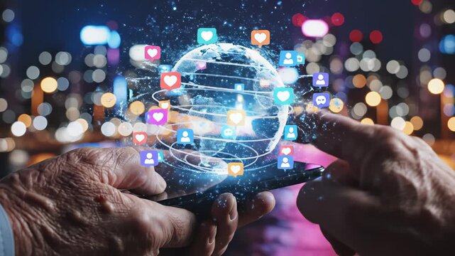 Hands holding smartphone with digital globe