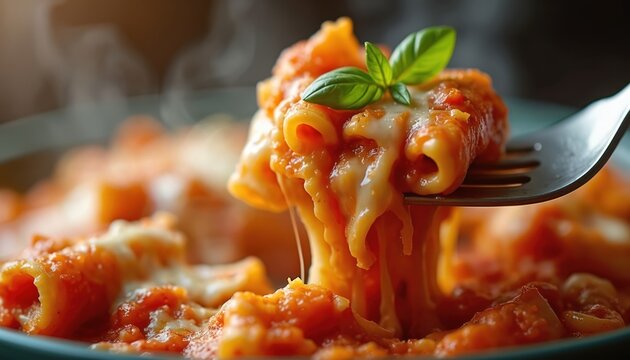 Close-up of hot baked ziti pasta with gooey melted cheese, garnished with basil. A fork lifts a portion, steam rising from the savory Italian dish, ready for eating.